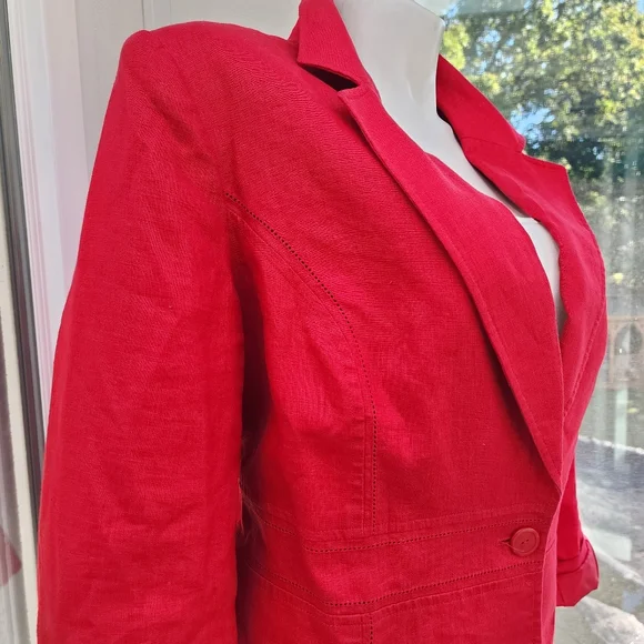 Style & Co. Women Red Linen Perforated Single Button Structured Blazer - Picture 5 of 15
